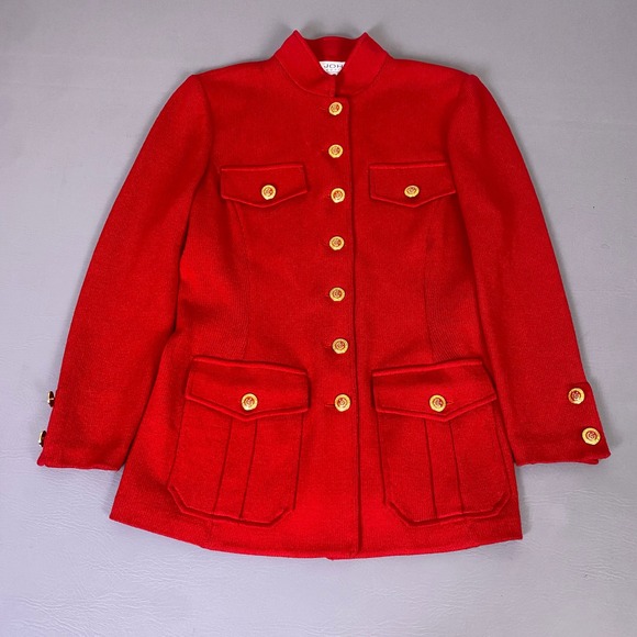 St John Collection Santana Knit Skirt Suit Set Women's Size 6 Red Gold Buttons * - Picture 2 of 16